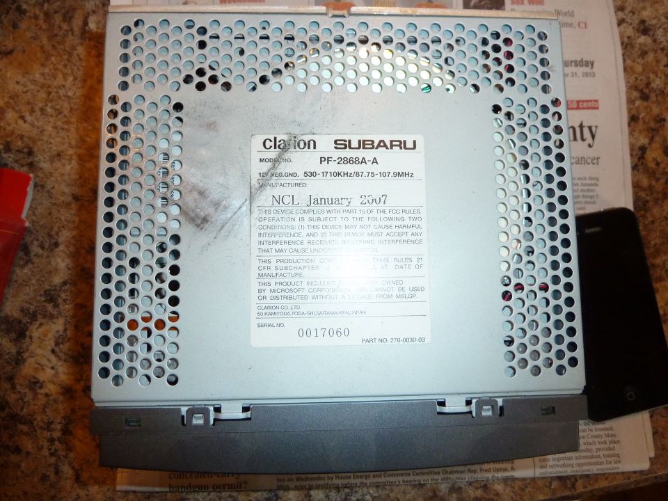 Back of Clarion Subaru car stereo with January 2007 manufacturing date