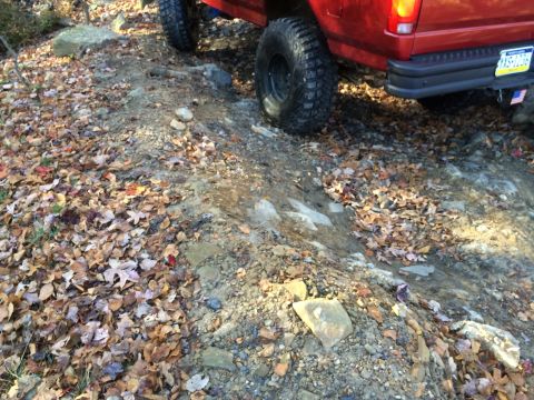 1996 Ford F-150 - A red 1996 Ford F-150 navigates a challenging off-road path covered in fallen leaves and rocks.