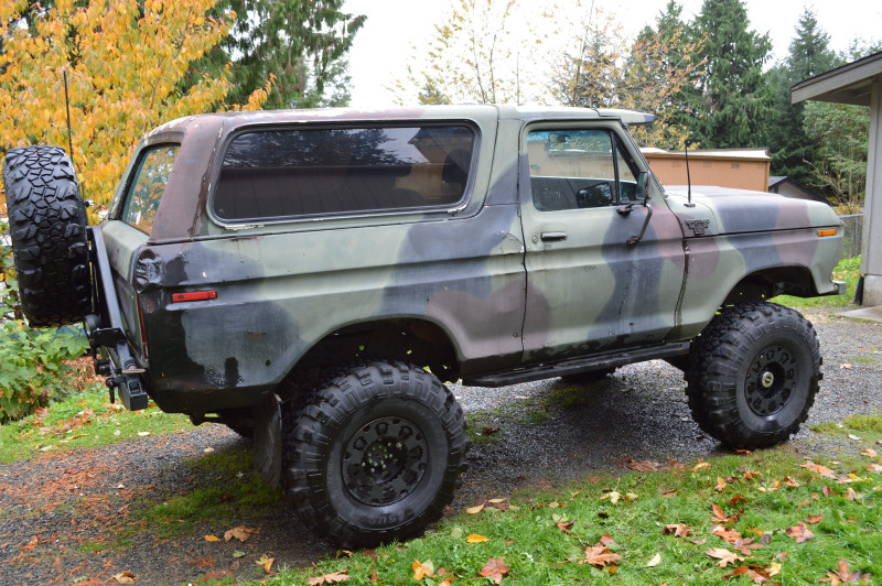 Ford Bronco with camouflage paint and spare tire on the back