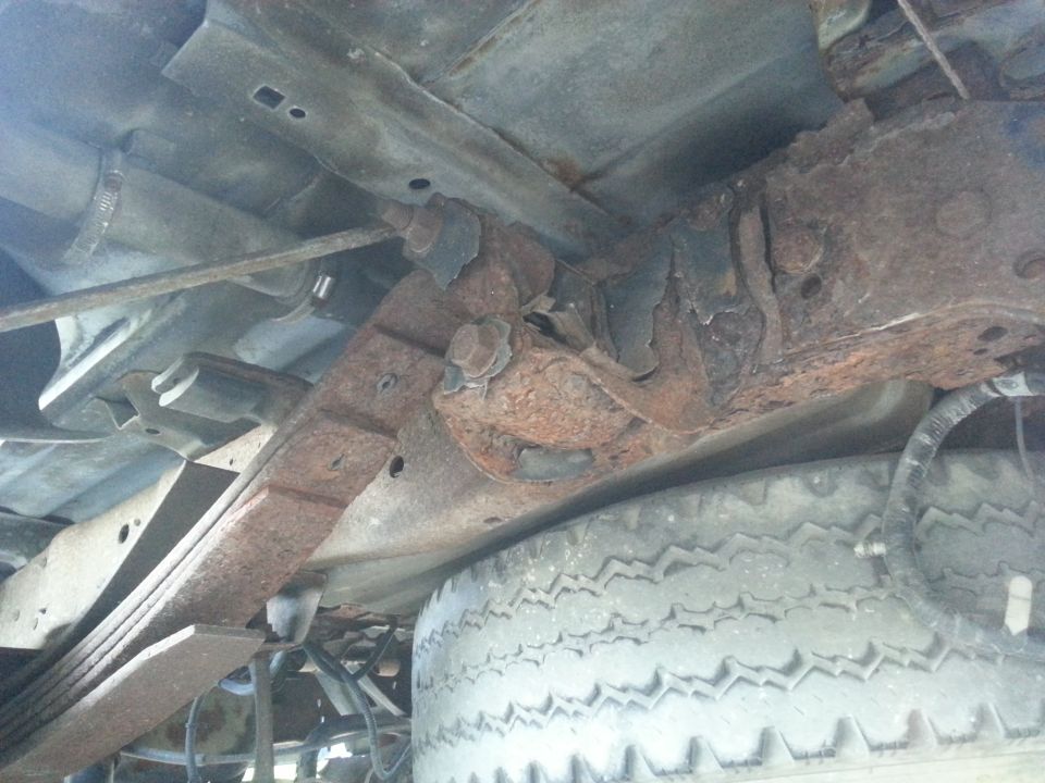 Underside view of rusty leaf springs and frame with spare tire