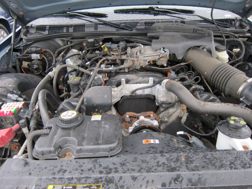 Engine bay with hoses, wiring, and engine components visible