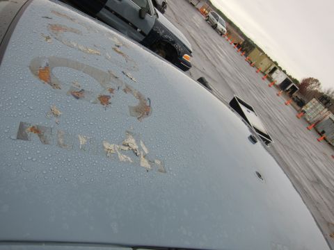 2001 Ford Crown Victoria - A light blue car hood with peeling decals and water droplets is in the foreground, with another dark vehicle visible behind it.