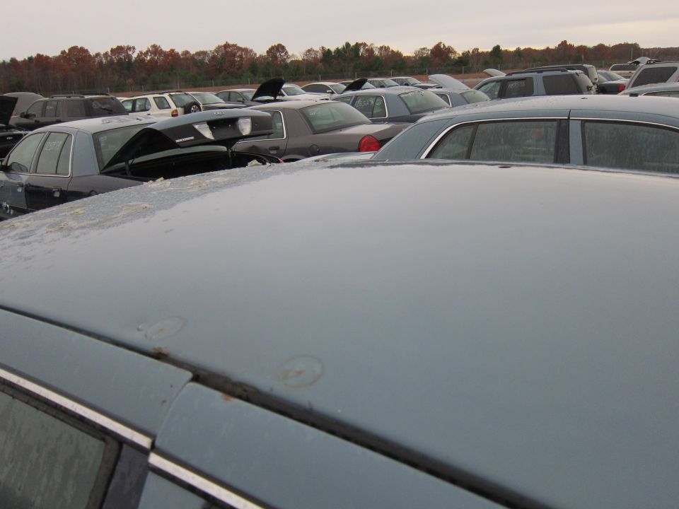 Cars in a junkyard, close-up on a light blue car roof with rust spots