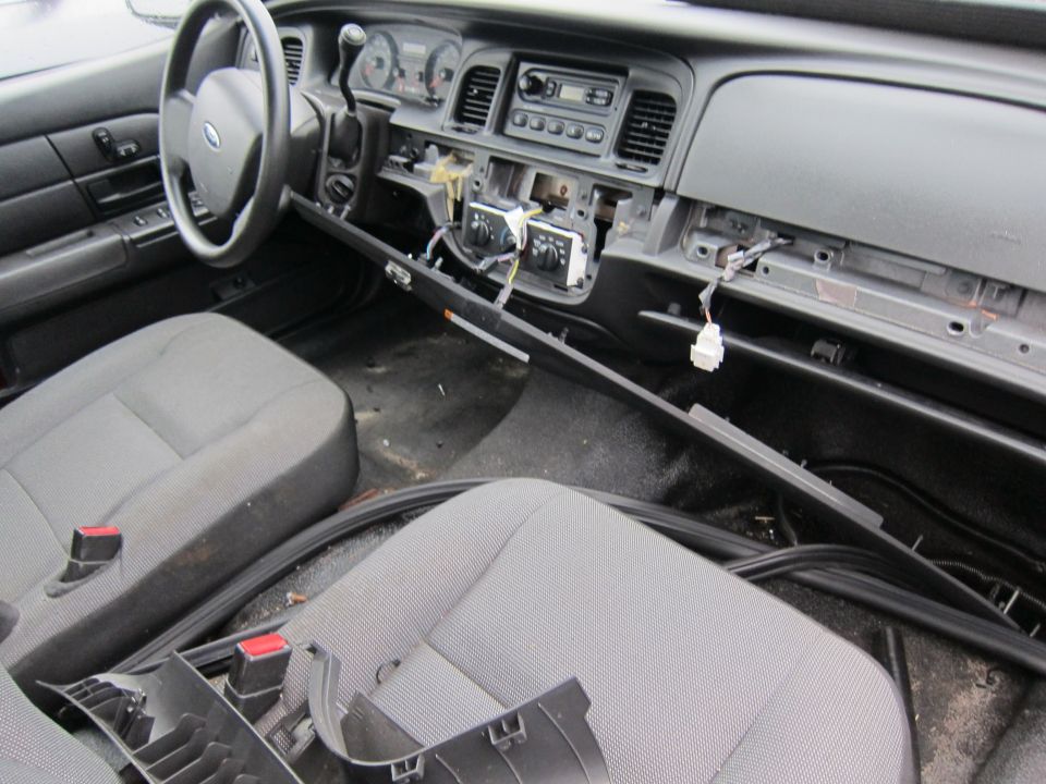 Interior of a 2001 Ford Crown Victoria with dashboard removed