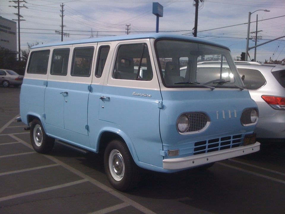Light blue and white Ford Econoline van parked in a lot. Grille says 'FORD'
