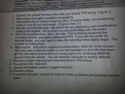 1994 Ford Bronco - Numbered TPS calibration procedure: install jumper harness inline, warm engine, disconnect IAC, set idle, rotate sensor to .96-.98 volts, t…