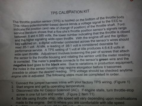 1994 Ford Bronco - TPS calibration kit instruction page describing throttle position sensor operation, .6-4.585V signal range and idle adjustment to .98-1 vol…