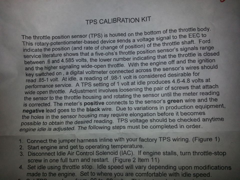 TPS calibration kit instruction page: throttle position sensor voltage spec and adjustment
