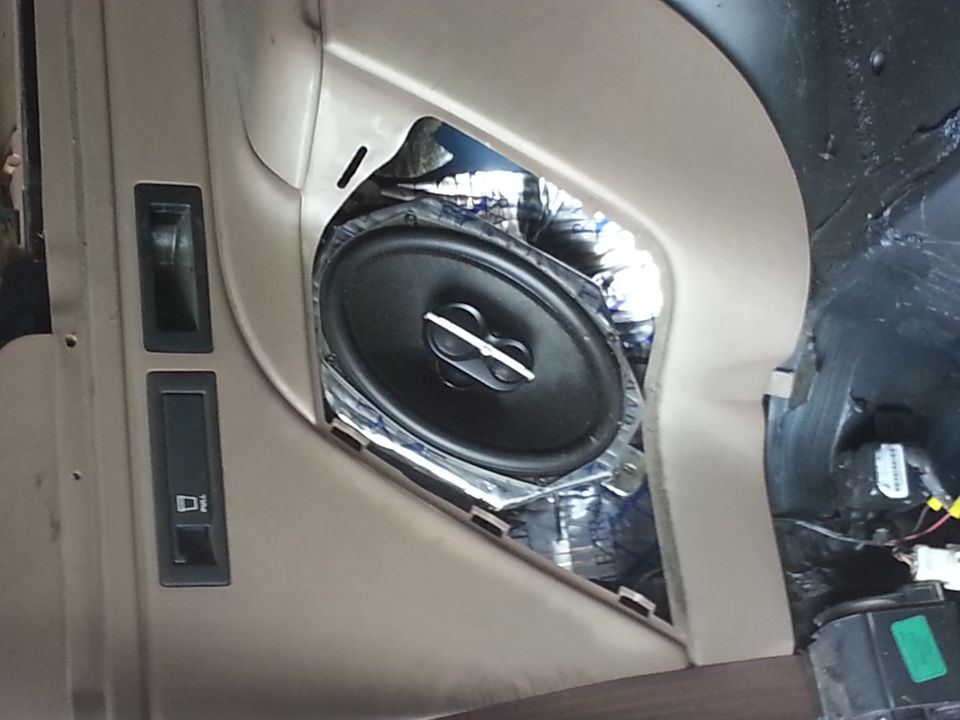 Door panel speaker with insulation visible
