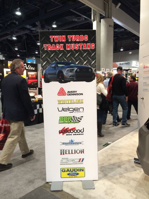 2013 Ford Mustang - A banner advertises a 'Twin Turbo Track Mustang' with various sponsor logos displayed below.