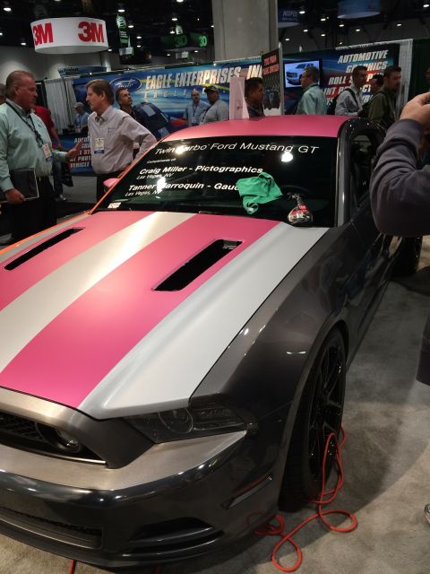 2013 Ford Mustang - A 2013 Ford Mustang GT is displayed with custom pink and silver racing stripes on its hood and roof.