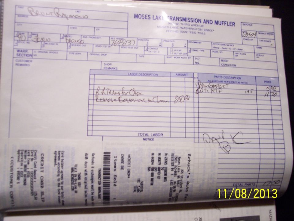 Document with handwritten notes and printed text, possibly a repair or parts list