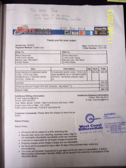 1990 Ford Bronco - Invoice details for a Drivetrain Superstores order, including vehicle information.