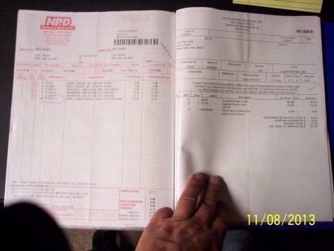 1990 Ford Bronco - An invoice details parts purchased, including items for a vehicle, with a date stamp of 11/08/2013.