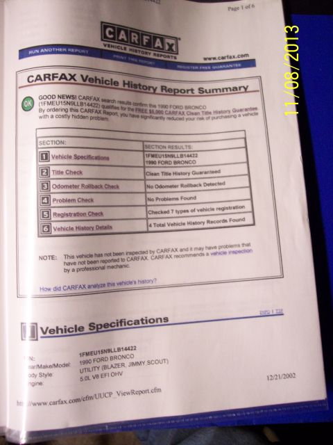 1990 Ford Bronco - A CARFAX Vehicle History Report document is shown, listing "1990 Ford Bronco" under vehicle specifications.