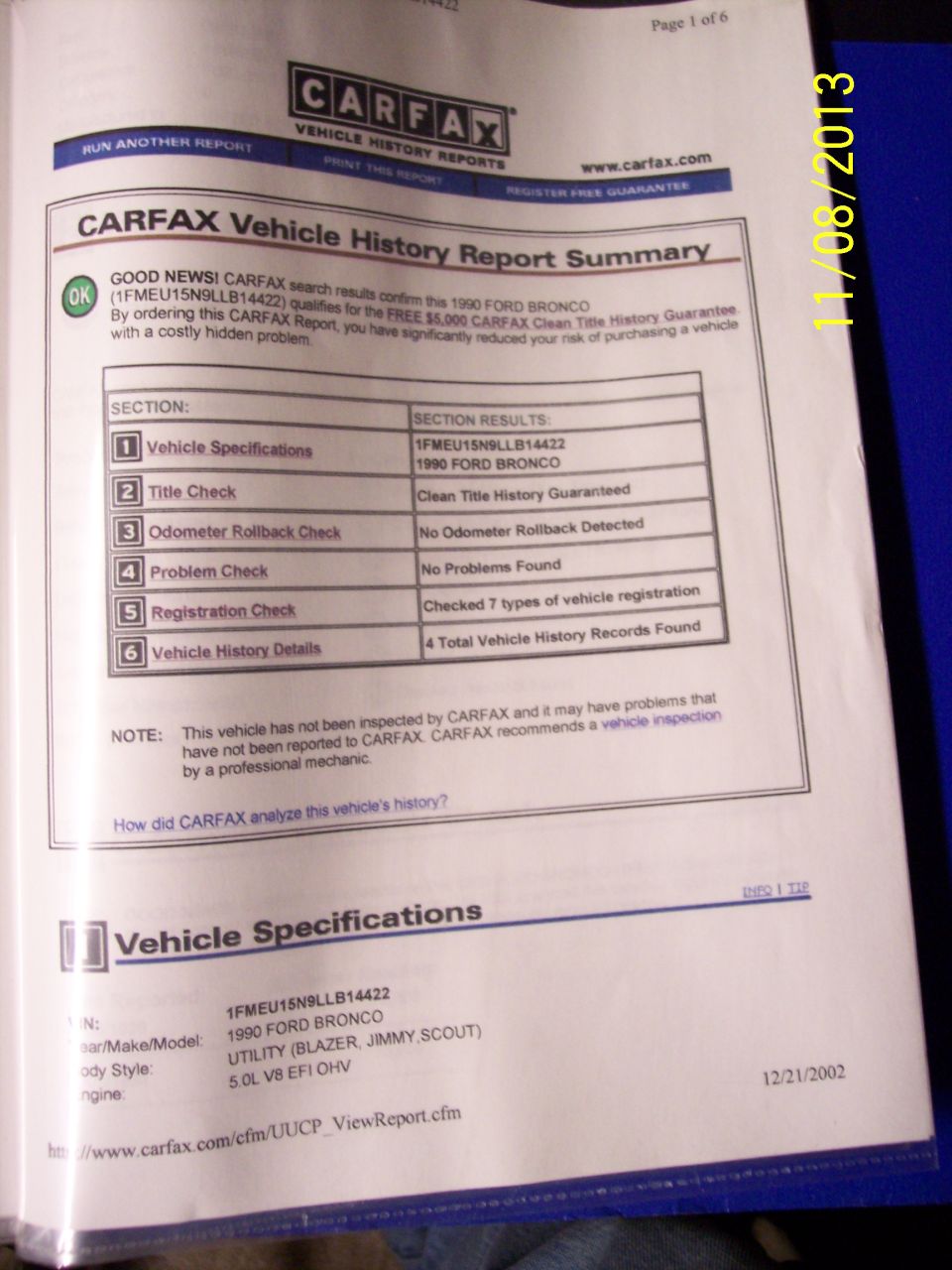 CARFAX Vehicle History Report document with "1990 Ford Bronco" listed