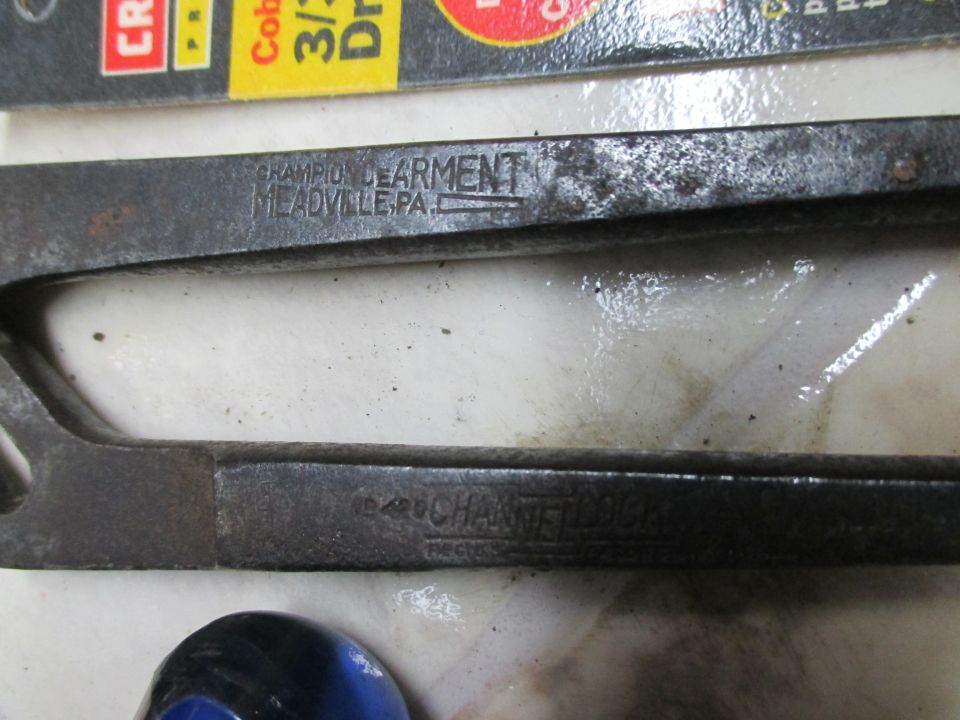 Close-up of Channellock pliers with maker stamp from Meadville PA