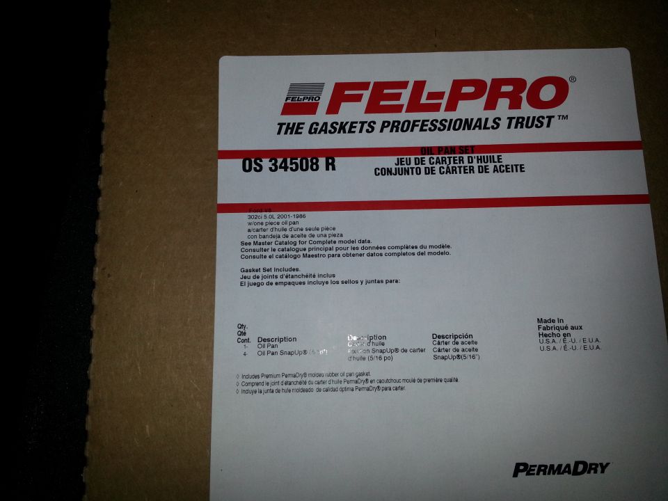 Fel-Pro oil pan gasket set box label, part number OS 34508 R