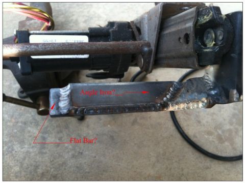 1994 Ford Bronco - Annotated photograph of a welded steel bracket with overlaid text labels, not a technical document.