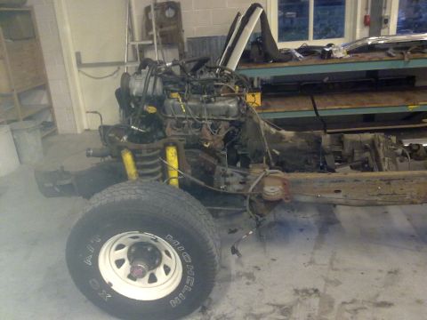 1984 Ford Bronco - Chassis rebuild of a 1984 Ford Bronco, showing the engine and suspension components.