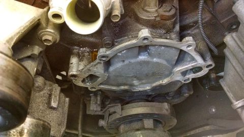 1995 Ford Bronco - Close-up of an engine water pump, likely removed for service or inspection.