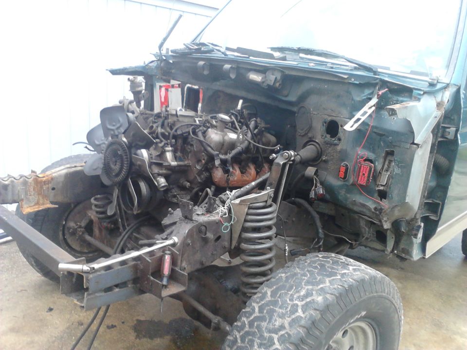 Operation Organ Donor - Pulling almost everything from my 96 before it gets hauled away and scrapped. Engine, tranny, transfer case, driveshafts, axles, suspension, dash, wiring harnesses, interior, tailgate, exterior and anything else worth pulling. basically leaving the frame and body.

After this operation is complete, ill move onto Project Possession and swap everything into my 88 Bronco to make is a street able, jumpable, mudable, trail truck with Mass Airflow OBD-II EFI. 

Within the first 2 hours I had the front clip removed and trashed due to damage. pulled the brake booster and master cylinder, engine bay wiring harness, trashed and pulled a lot of other small stuff.