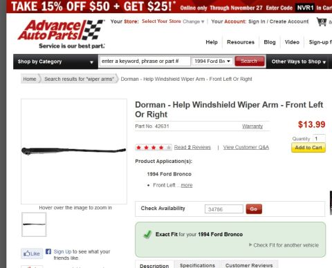 1994 Ford Bronco - Product listing for a Dorman windshield wiper arm, part number 42631.