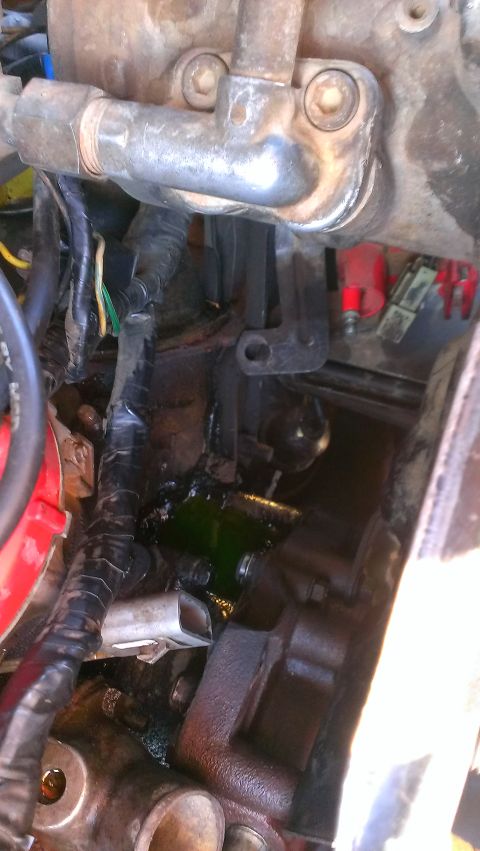 1986 Ford Bronco - Green coolant is leaking from a hose connection in the engine bay.