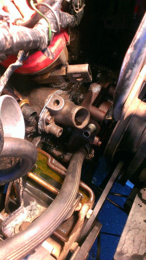 1986 Ford Bronco - Close-up view of an engine component, likely a thermostat housing, with visible hoses and electrical connectors.