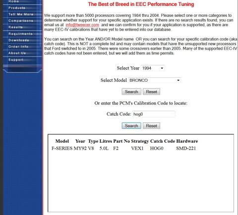1994 Ford Bronco - Screenshot of the Tweecer EEC performance-tuning website search form and calibration results, not a printed technical document.