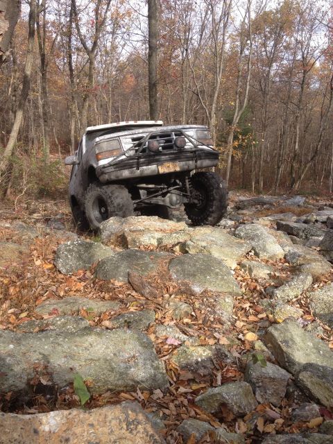 1994 Ford Bronco - A four-wheel-drive vehicle navigates a rocky path through a forest.