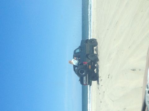 1995 Ford Bronco - A dark-colored SUV is parked on the sand near the water's edge under a clear blue sky.