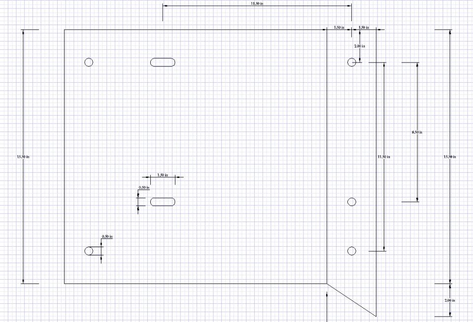 Dimensioned drawing on grid paper of a mounting plate with hole locations