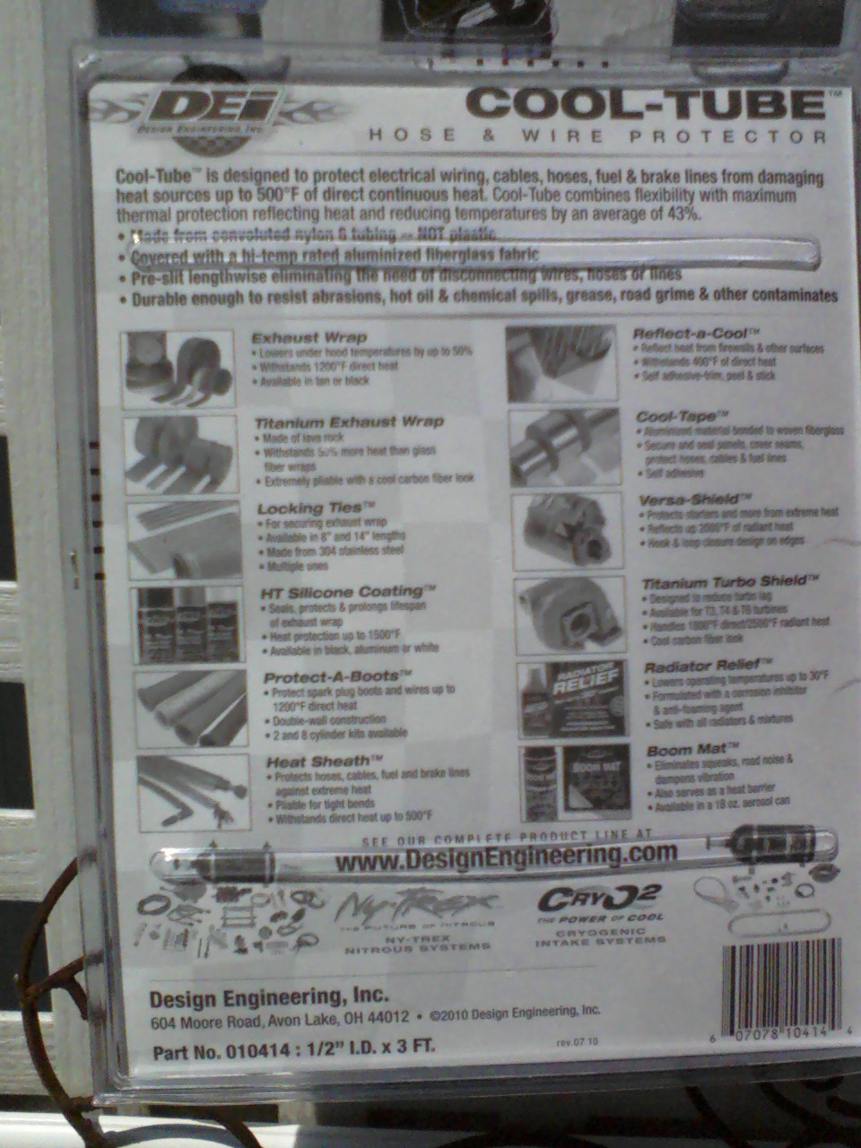 Product packaging for DEI Cool-Tube Hose & Wire Protector, showing various heat protection products and their applications