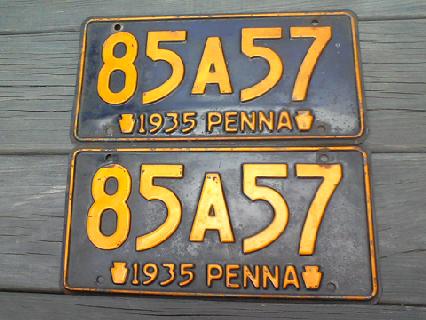 1935 Chevrolet New - Pair of 1935 Pennsylvania license plates, each marked 85A57.