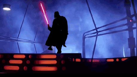 2000 Mercury Grand Marquis - Darth Vader stands with his red lightsaber illuminated in a dimly lit, blue-hued environment.