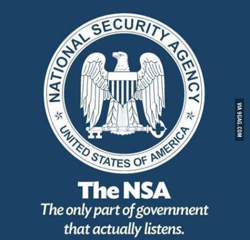National Security Agency logo with eagle and text, plus a humorous quote about government