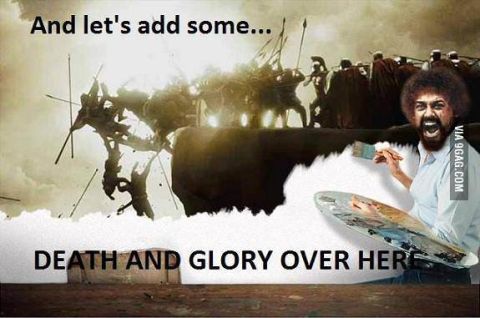 2000 Mercury Grand Marquis - Meme combines Bob Ross with a battle scene, adding text about 'Death and Glory'.