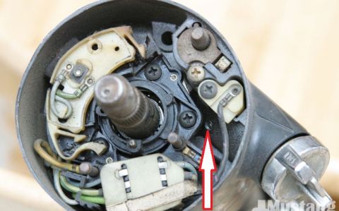 1973 Ford Ranchero - This is a close-up view of a vehicle's ignition switch assembly, showing its internal electrical components and wiring.