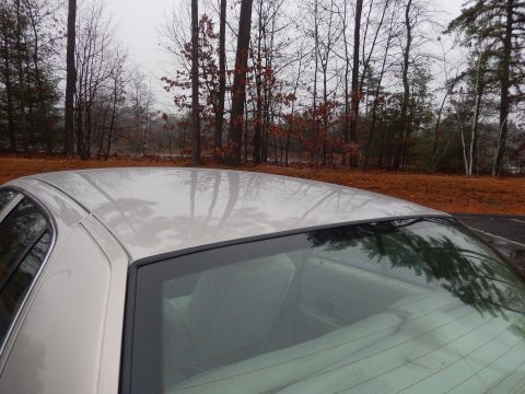 2001 Ford Crown Victoria - The rear roofline and window of a silver 2001 Ford Crown Victoria are visible against a backdrop of trees.