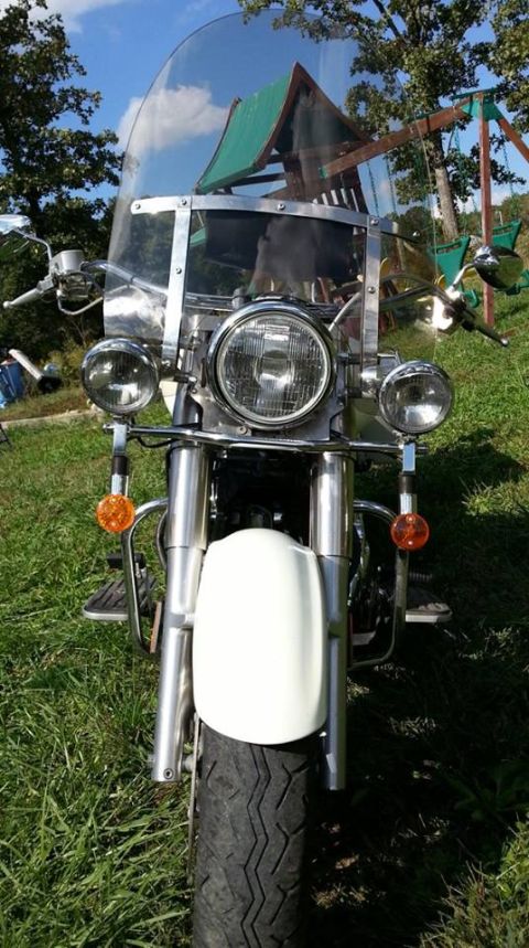 1995 Ford F-150 - A motorcycle with a white fender and chrome accents is parked outdoors on a grassy area.