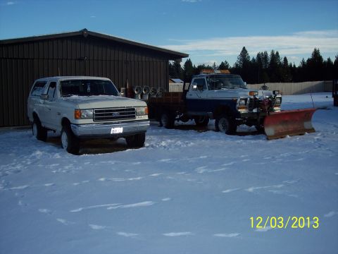 1973 Ford F-250 - A white SUV and a blue pickup truck equipped with a snow plow sit in a snow-covered yard on a clear day.