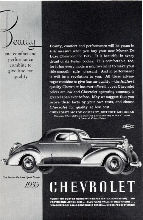 1935 Chevrolet New - Advertisement for the 1935 Chevrolet Master De Luxe Sport Coupe, highlighting its beauty, comfort, and performance.