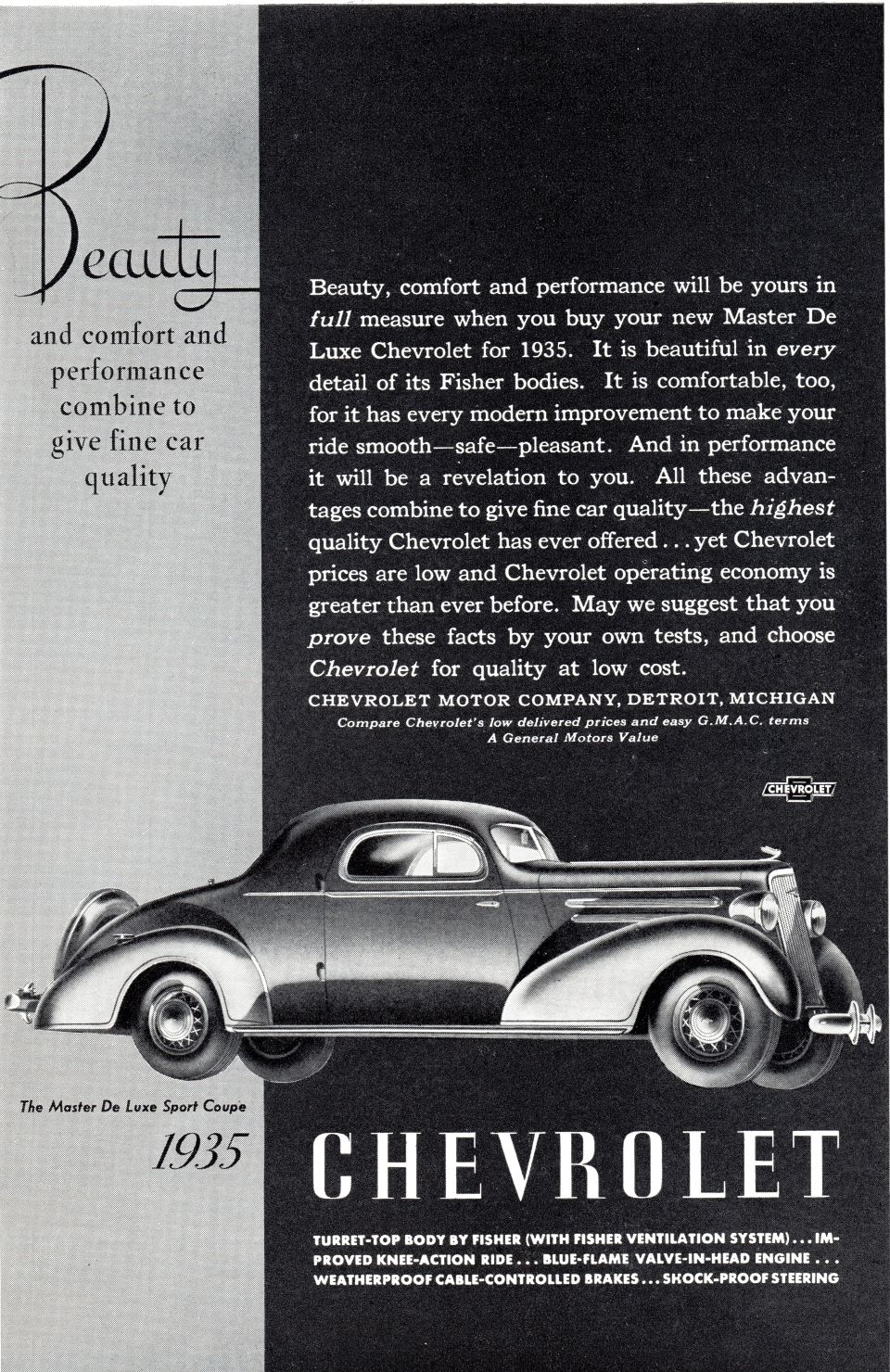 Advertisement for 1935 Chevrolet Master De Luxe Sport Coupe, showing the car and text about its features