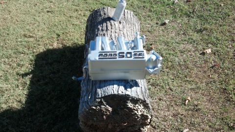 1993 Ford Bronco - A Ford 5.0 EFI intake manifold is shown resting on a log.