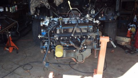 1993 Ford Bronco - The engine is out of the vehicle and mounted on an engine stand for repair or rebuilding.