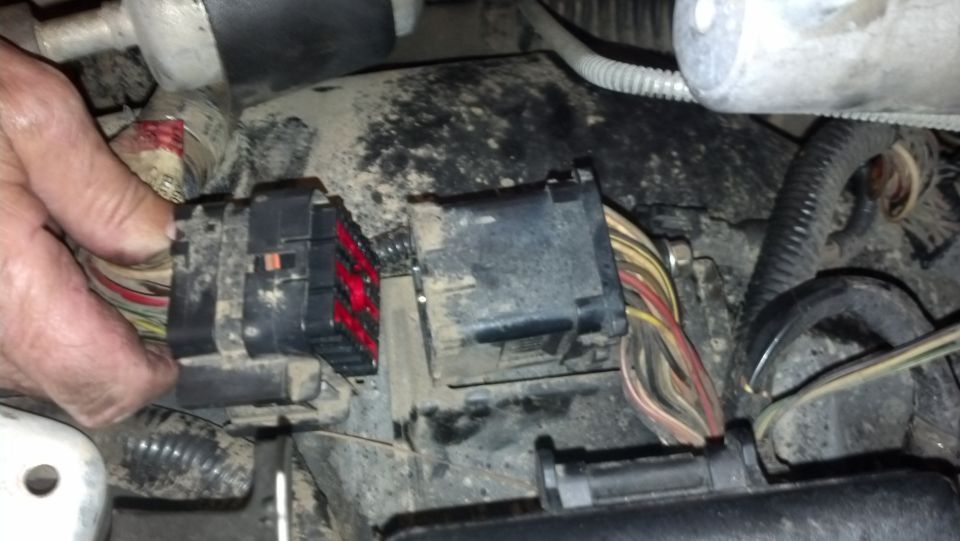 Close-up of two electrical connectors and wiring harness in an engine bay