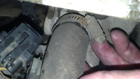 1993 Ford Bronco - A close-up view of a hose and clamp in an engine bay, with a finger visible.