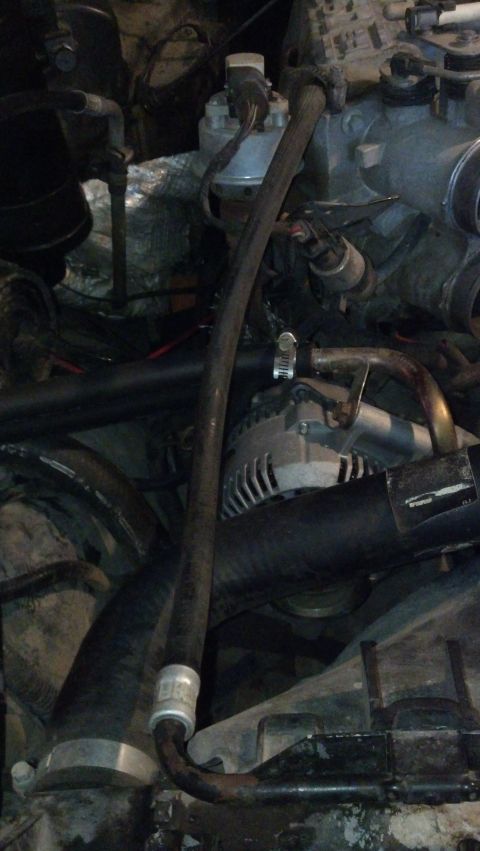 1993 Ford Bronco - Close-up view of engine components including hoses and alternator.
