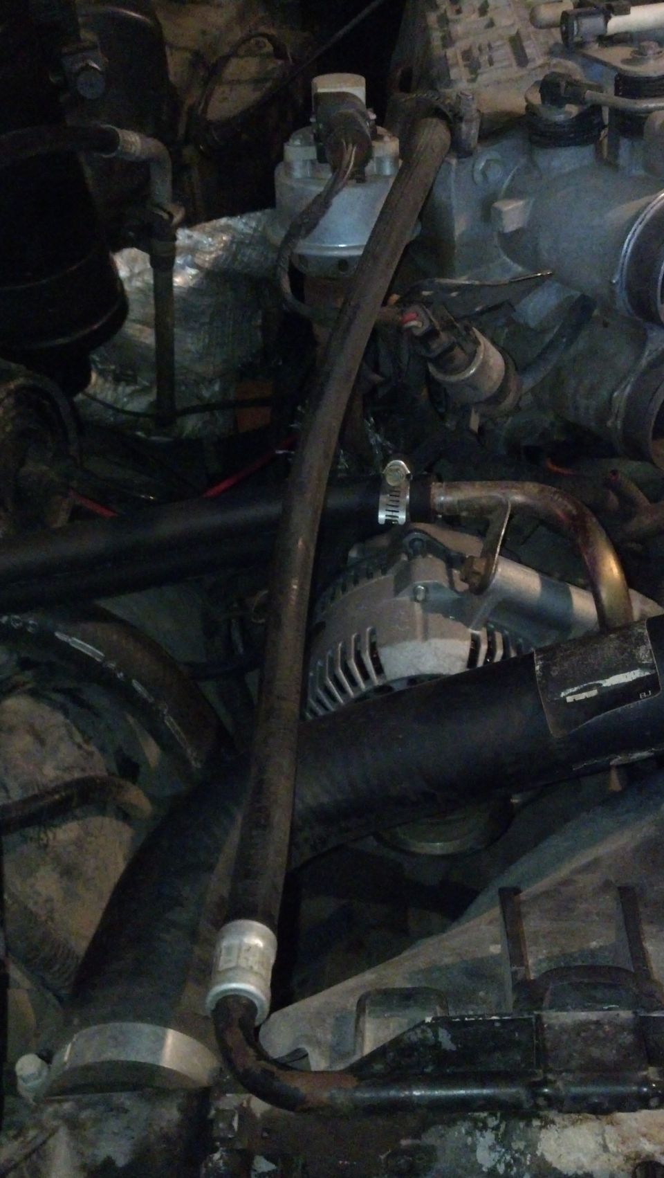 Engine bay detail showing alternator, hoses, and various engine components